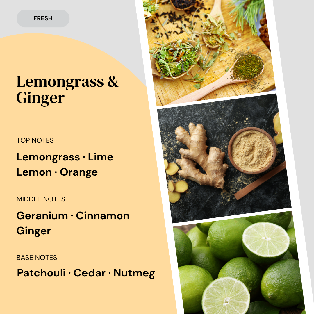 Fragrance notes card for Lemongrass & Ginger home fragrance by Marsden & Whittle, showing top notes of Lemongrass, Lime, Lemon and Orange, middle notes of Geranium, Cinnamon and Ginger, and base notes of Patchouli, Cedar and Nutmeg, with ingredient photography.