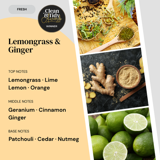 Fragrance notes card for Lemongrass & Ginger home fragrance by Marsden & Whittle, showing top notes of Lemongrass, Lime, Lemon and Orange, middle notes of Geranium, Cinnamon and Ginger, and base notes of Patchouli, Cedar and Nutmeg, with ingredient photography.