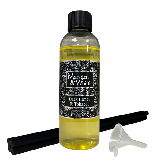 Dark Honey & Tobacco Reed Diffuser Refill With 4 black fibre reeds and small plastic funnel