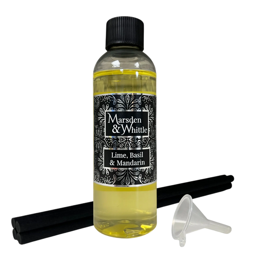 Lime, Basil & Mandarin Reed Diffuser Refill with 4 black fibre reeds and small plastic funnel