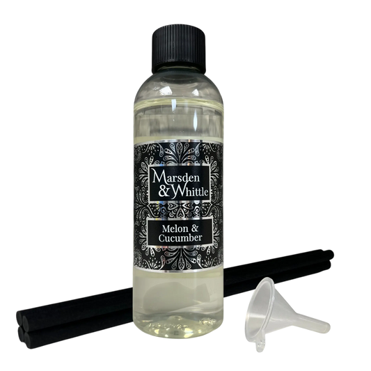 Melon & Cucumber Reed Diffuser Refill with 4 black fibre reeds and small plastic funnel
