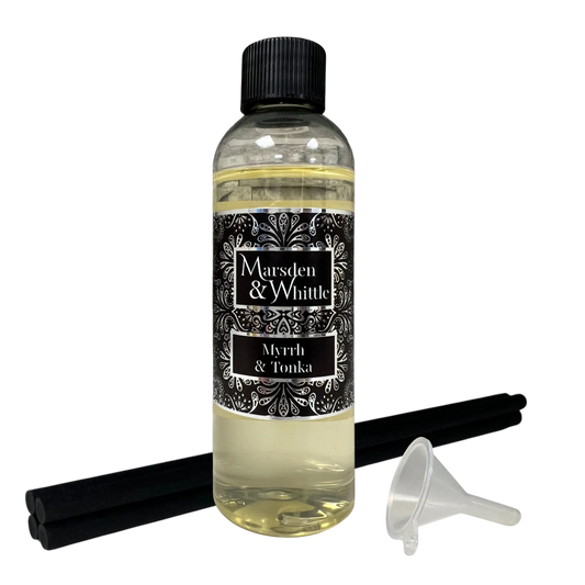 Myrrh & Tonka Reed Diffuser Refill with 4 black fibre reeds and small plastic funnel