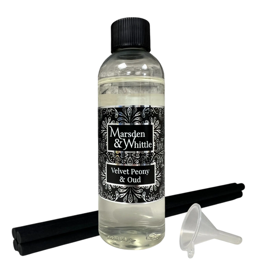 Velvet Peony & Oud Reed Diffuser Refill with 4 black fibre reeds and small plastic funnel