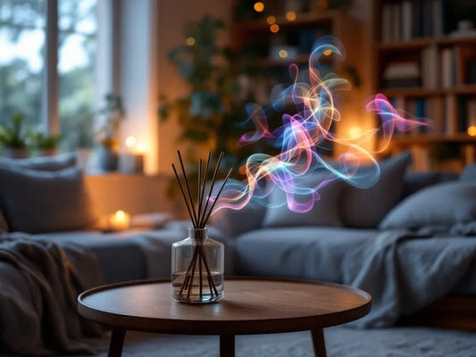 A reed diffuser sitting on a coffee table in a dimly lit lounge.The diffuser is shown with the fragrance coming out of the reeds with colourful scent waves.