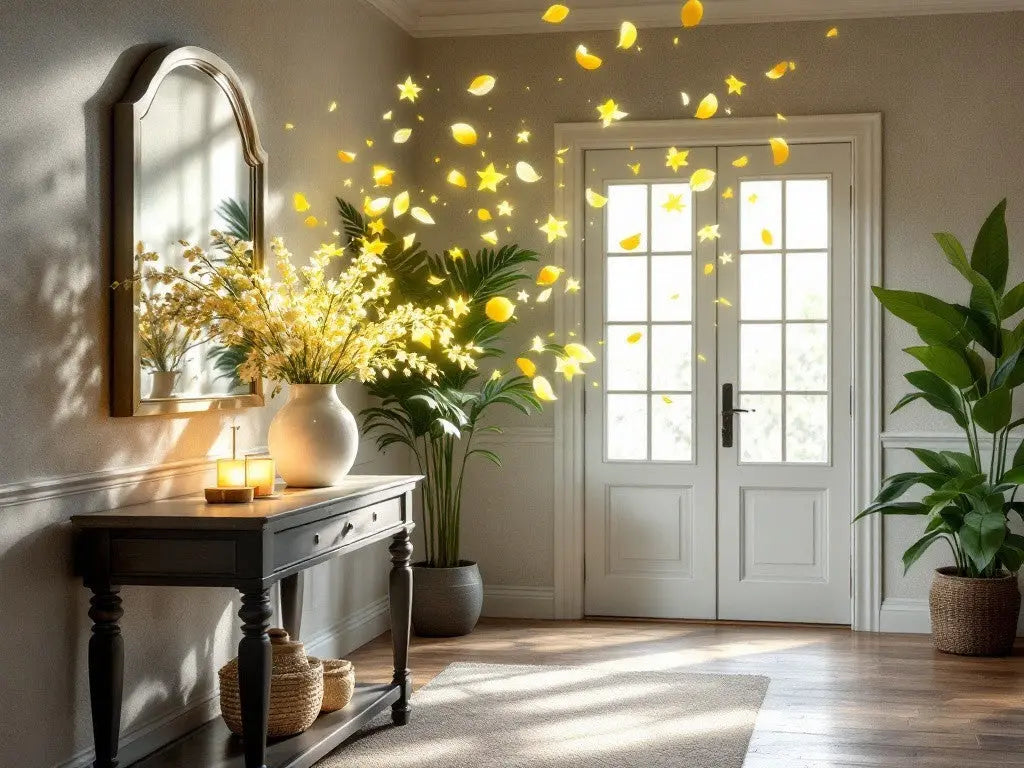 A cosy hallway with french doors in the distance and a console table in the foreground. On the console table are some candles which are emitting citrus notes in yellow.