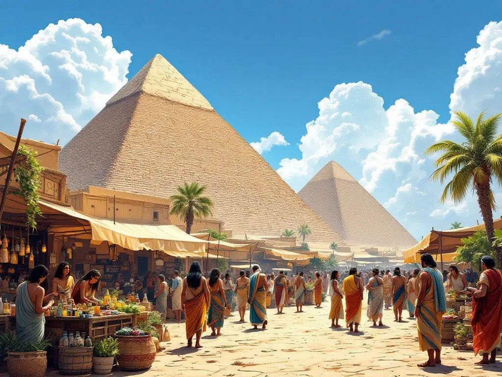 A beautiful view of the ancient Egyptian pyramids, with people on a busy shopping street surrounded by markets. The scene depicted is a recreation of what Egypt might have looked like 2000 years ago.