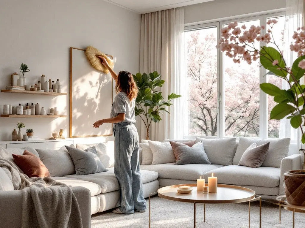 A bright, airy, spacious living room with a young woman reaching up high to clean a picture frame with a feather duster.