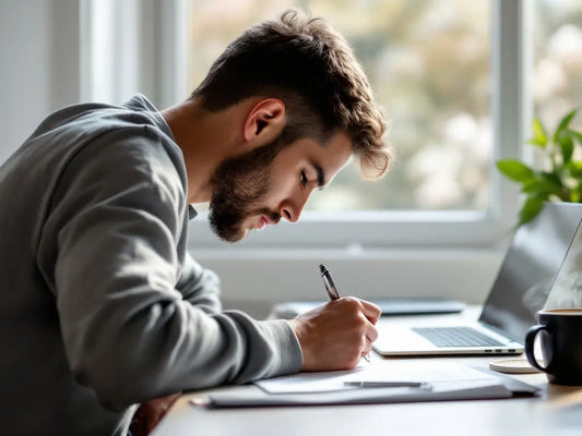 A young man studies at a desk by a bright window, writing in a notebook with a laptop and coffee nearby.