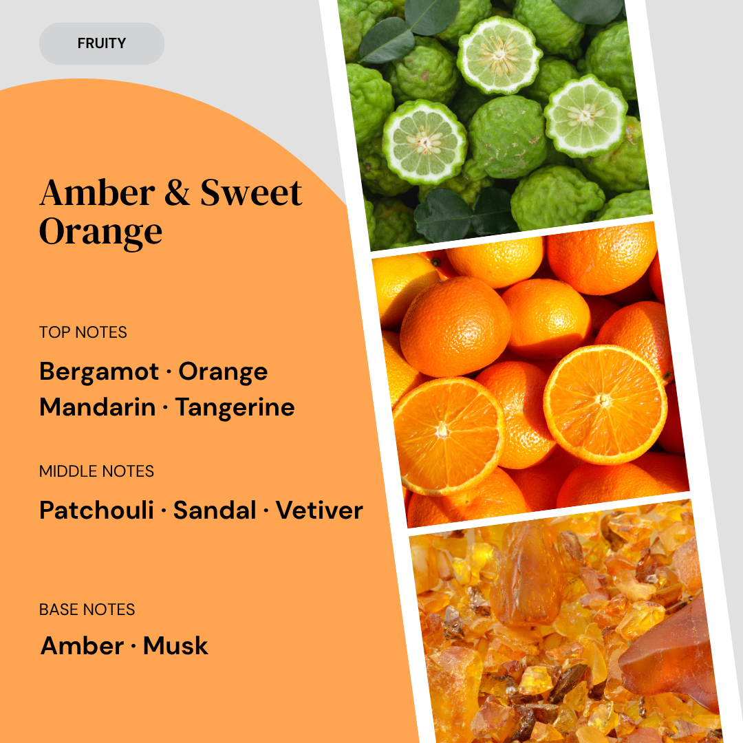 Fragrance notes card for Amber & Sweet Orange home fragrance by Marsden & Whittle, showing top notes of Bergamot, Orange, Mandarin and Tangerine, middle notes of Patchouli, Sandal and Vetiver, and base notes of Amber and Musk, with ingredient photography.