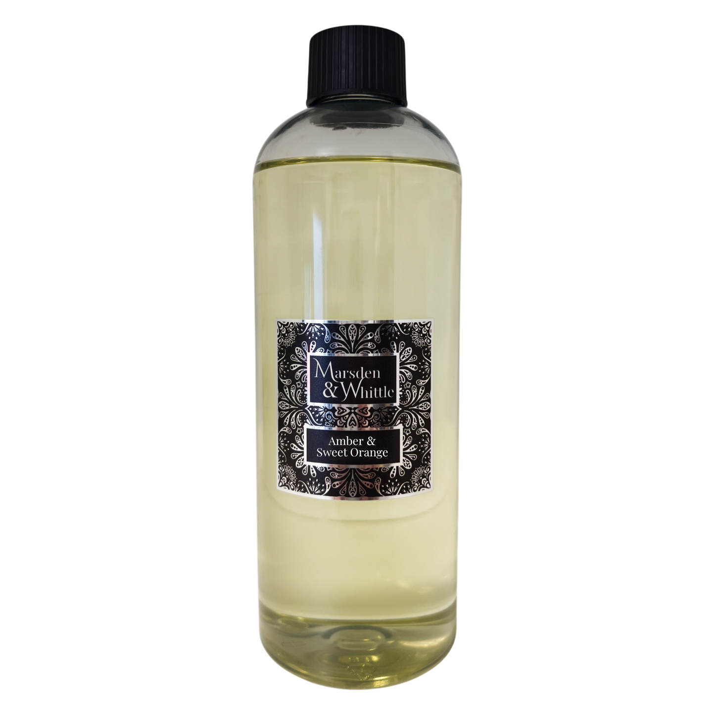 A 500ml Marsden & Whittle Reed Diffuser Refill bottle containing AMber & Sweet Orange fragrance oil with a black screw cap top.