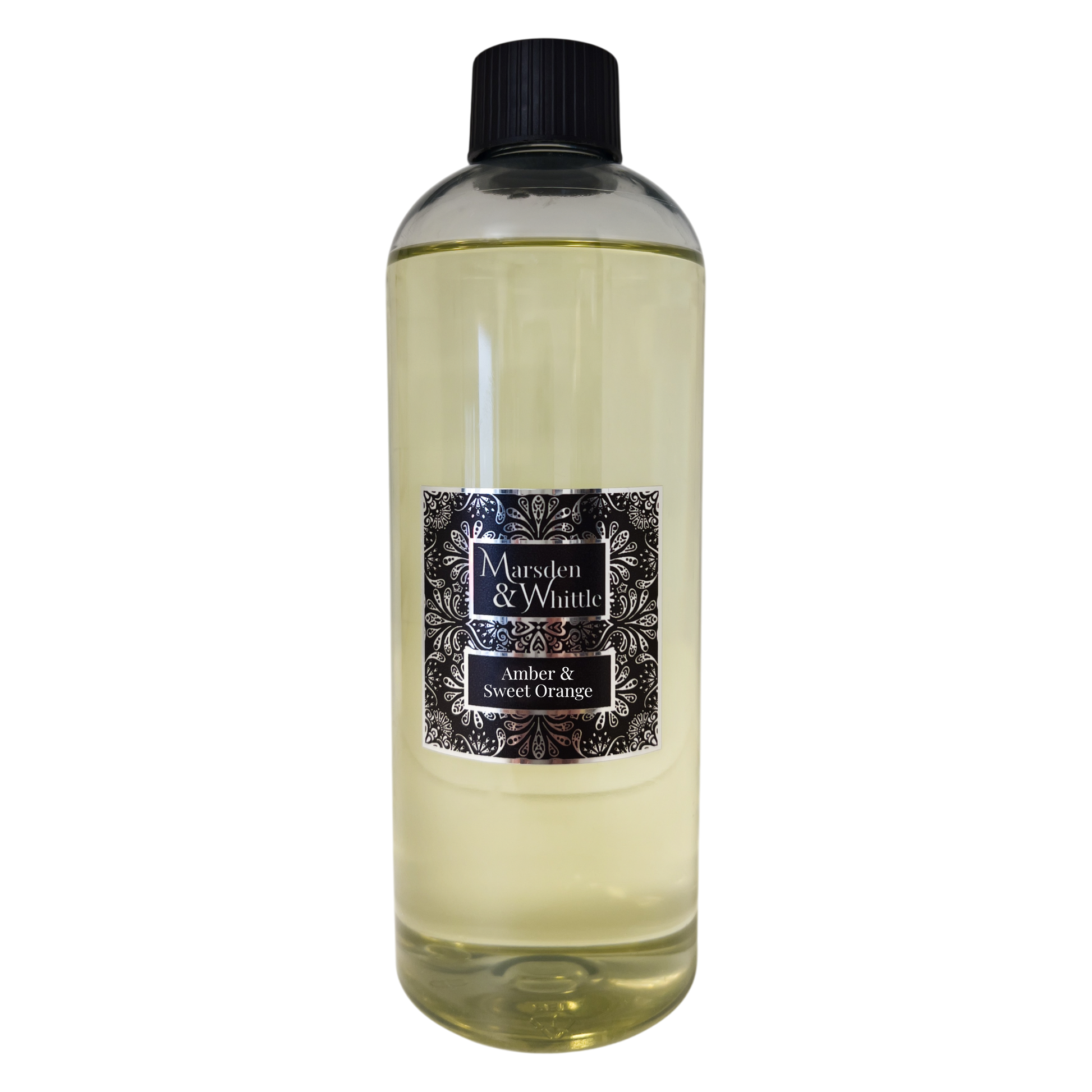 A 500ml Marsden & Whittle Reed Diffuser Refill bottle containing AMber & Sweet Orange fragrance oil with a black screw cap top.