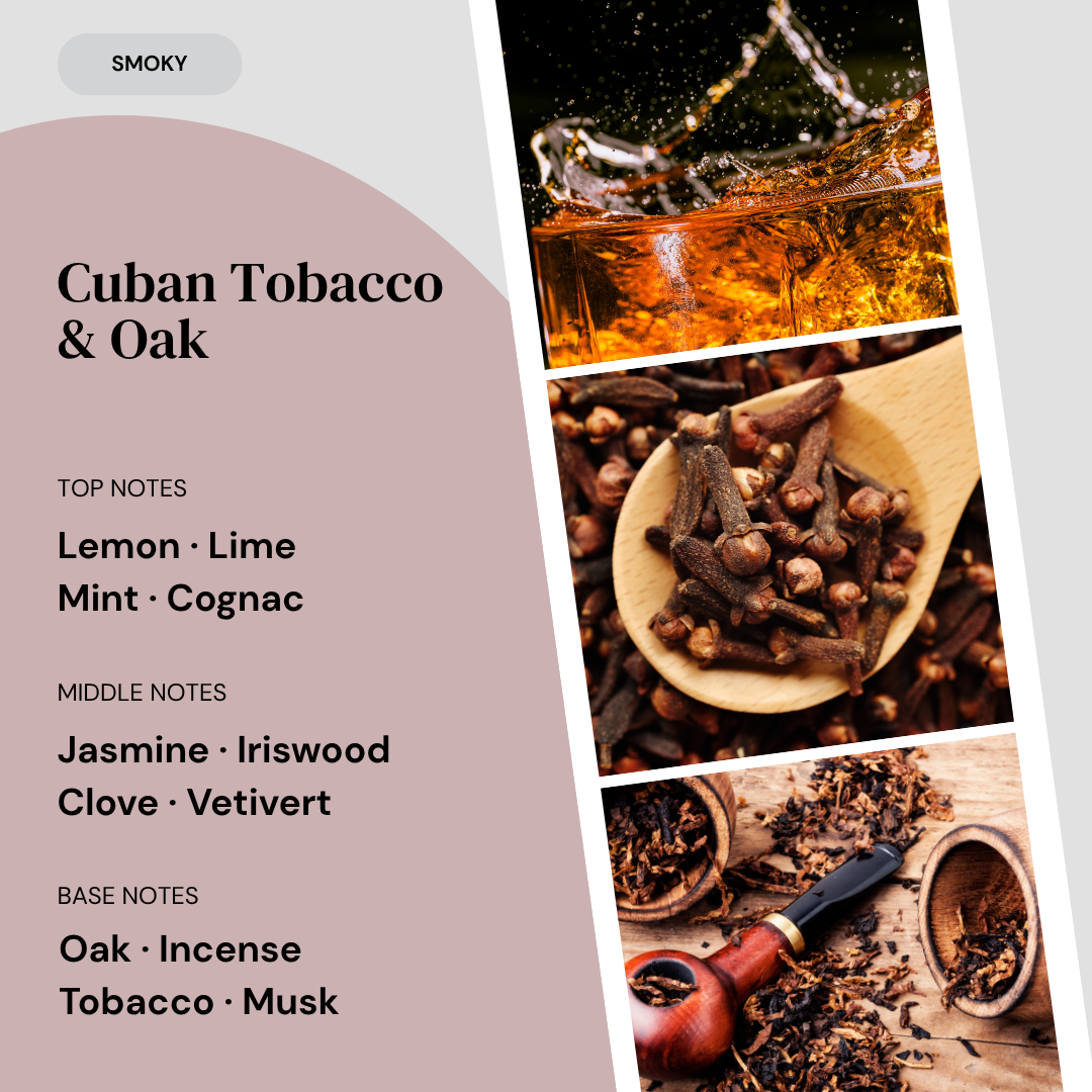 Fragrance notes card for Cuban Tobacco & Oak home fragrance by Marsden & Whittle, showing top notes of Lemon, Lime, Mint and Cognac, middle notes of Jasmine, Iriswood, Clove and Vetivert, and base notes of Oak, Incense, Tobacco and Musk, with ingredient photography.