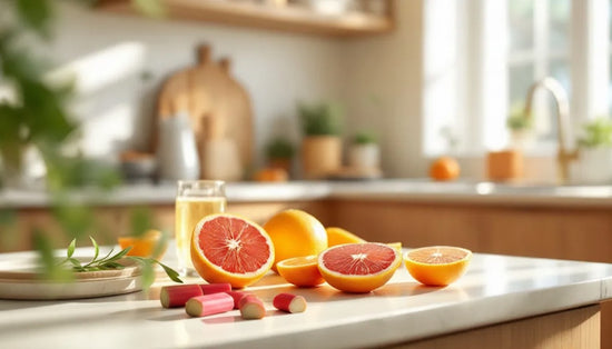 Citrus fruits on a kitchen counter with a bright and airy atmosphere