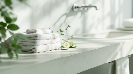 White towels on a bathroom counter with cucumbers and leaves
