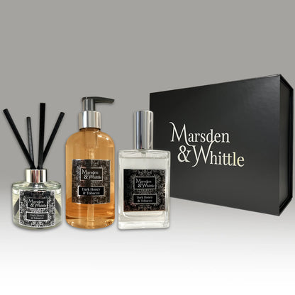 Dark Honey & Tobacco Diffuser, Wash & Mist Gift Set – Reed Diffuser, Hand & Body Wash and Room Mist in a black gift box – Marsden & Whittle