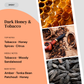 Fragrance notes card for Dark Honey & Tobacco home fragrance by Marsden & Whittle, showing top notes of Tobacco, Honey, Spices and Citrus, middle notes of Tobacco, Woody and Sandalwood, and base notes of Amber, Tonka Bean, Patchouli and Honey, with ingredient photography.
