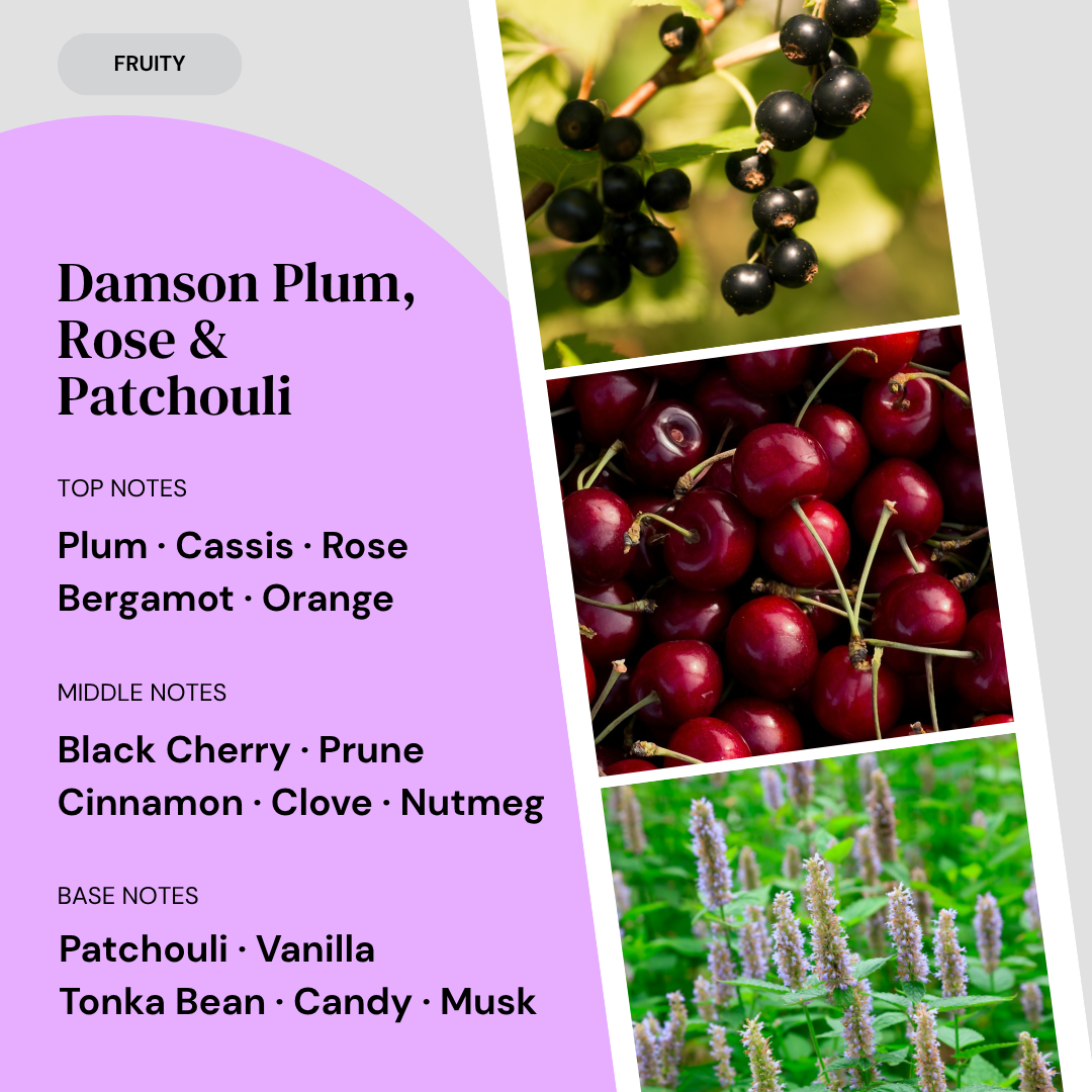 Fragrance notes card for Damson Plum, Rose & Patchouli home fragrance by Marsden & Whittle, showing top notes of Plum, Cassis, Rose, Bergamot and Orange, middle notes of Black Cherry, Prune, Cinnamon, Clove and Nutmeg, and base notes of Patchouli, Vanilla, Tonka Bean, Candy and Musk, with ingredient photography.