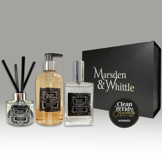 Lemongrass & Ginger Diffuser, Wash & Mist Gift Set – Reed Diffuser, Hand & Body Wash and Room Mist in a black gift box – Marsden & Whittle