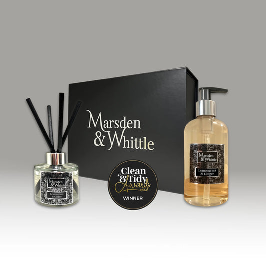 Lemongrass & Ginger Diffuser and Wash Gift Set – 100ml Reed Diffuser and 300ml Hand & Body Wash in a black gift box – Marsden & Whittle