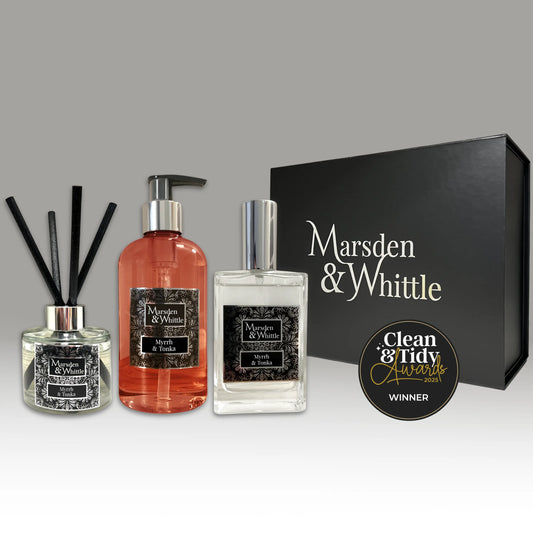 Myrrh & Tonka Diffuser, Wash & Mist Gift Set – Reed Diffuser, Hand & Body Wash and Room Mist in a black gift box – Marsden & Whittle