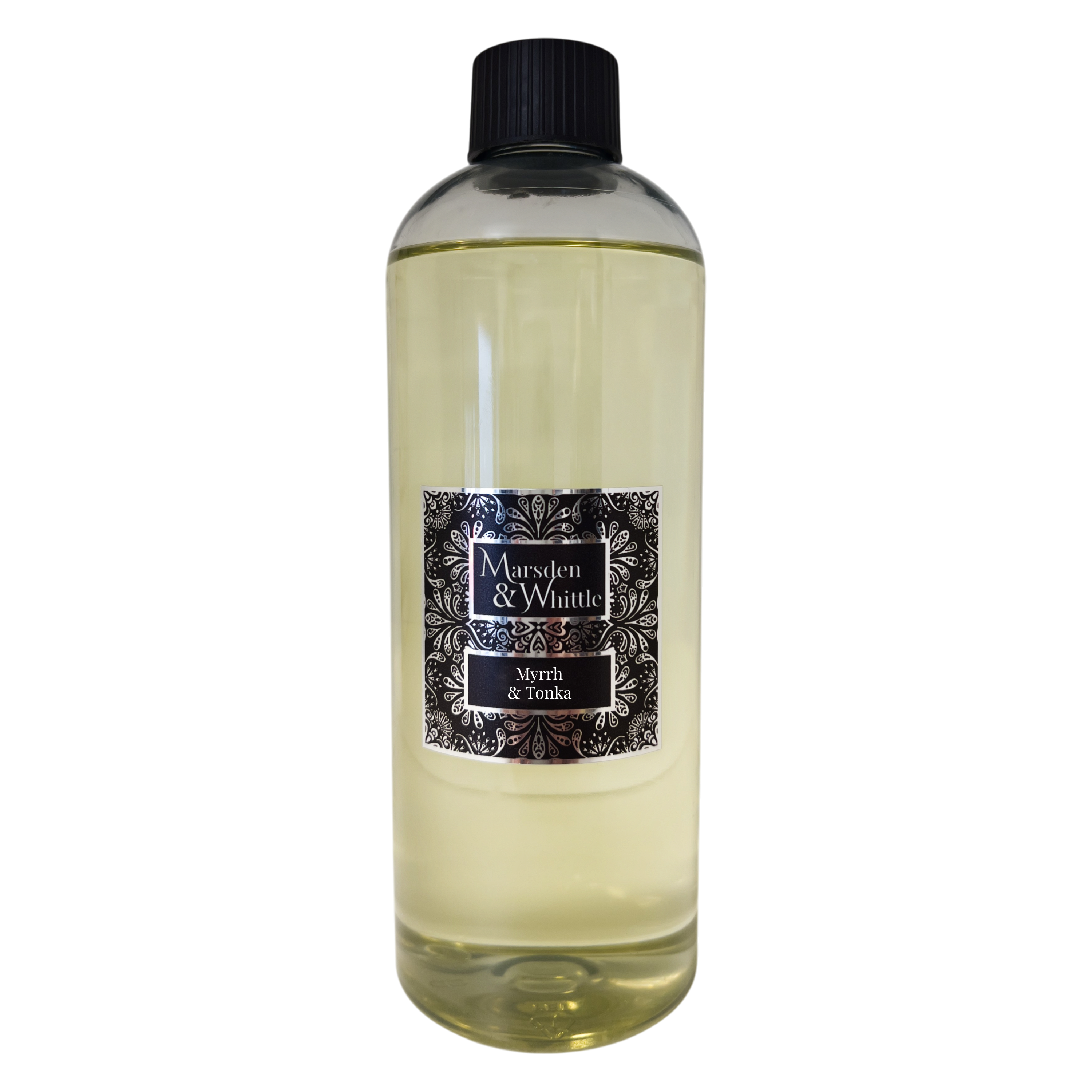 A 500ml Marsden & Whittle Reed Diffuser Refill bottle containing Myrrh & Tonka fragrance oil with a black screw cap top.