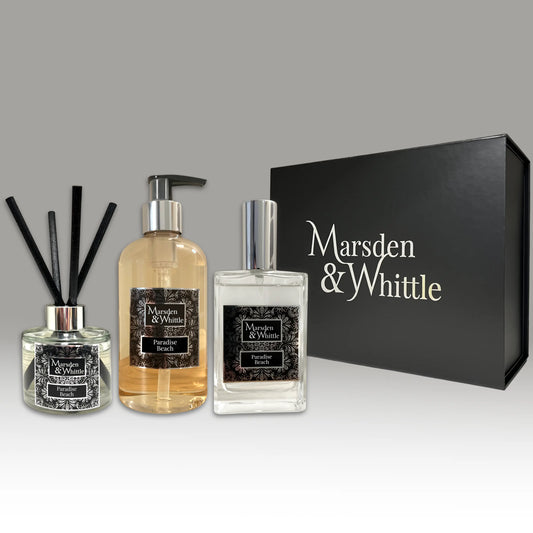 Paradise Beach Diffuser, Wash & Mist Gift Set – Reed Diffuser, Hand & Body Wash and Room Mist in a black gift box – Marsden & Whittle