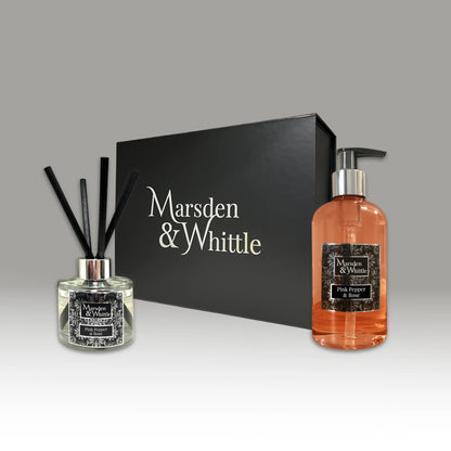 Pink Pepper & Rose Diffuser and Wash Gift Set – 100ml Reed Diffuser and 300ml Hand & Body Wash in a black gift box – Marsden & Whittle