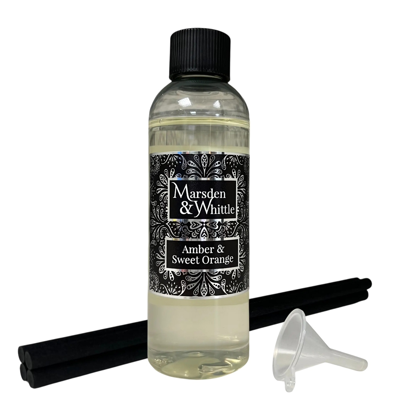 Amber & Sweet Orange Reed Diffuser Refill with 4 black reeds and a small plastic funnel