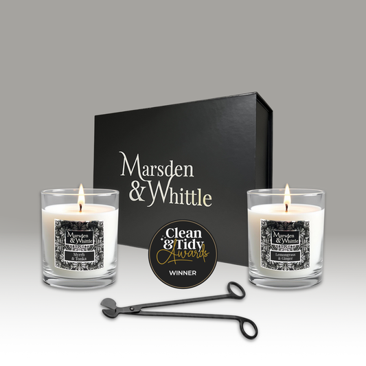 Marsden & Whittle Lemongrass & Ginger and Myrrh & Tonka candles with a matte black wick trimmer in a black gift box