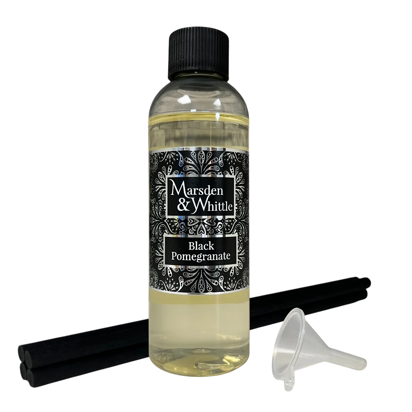 Black Pomegranate Reed Diffuser Refill with 4 black reeds and a small plastic funnel