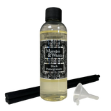 Black Pomegranate Reed Diffuser Refill with 4 black reeds and a small plastic funnel