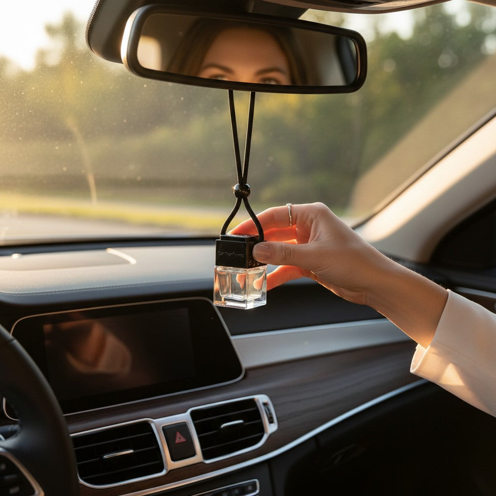 A black Marsden & Whittle Car Diffuser hanging from a rear view mirror inside a modern car, with a female occupant holding the diffuser bottle.