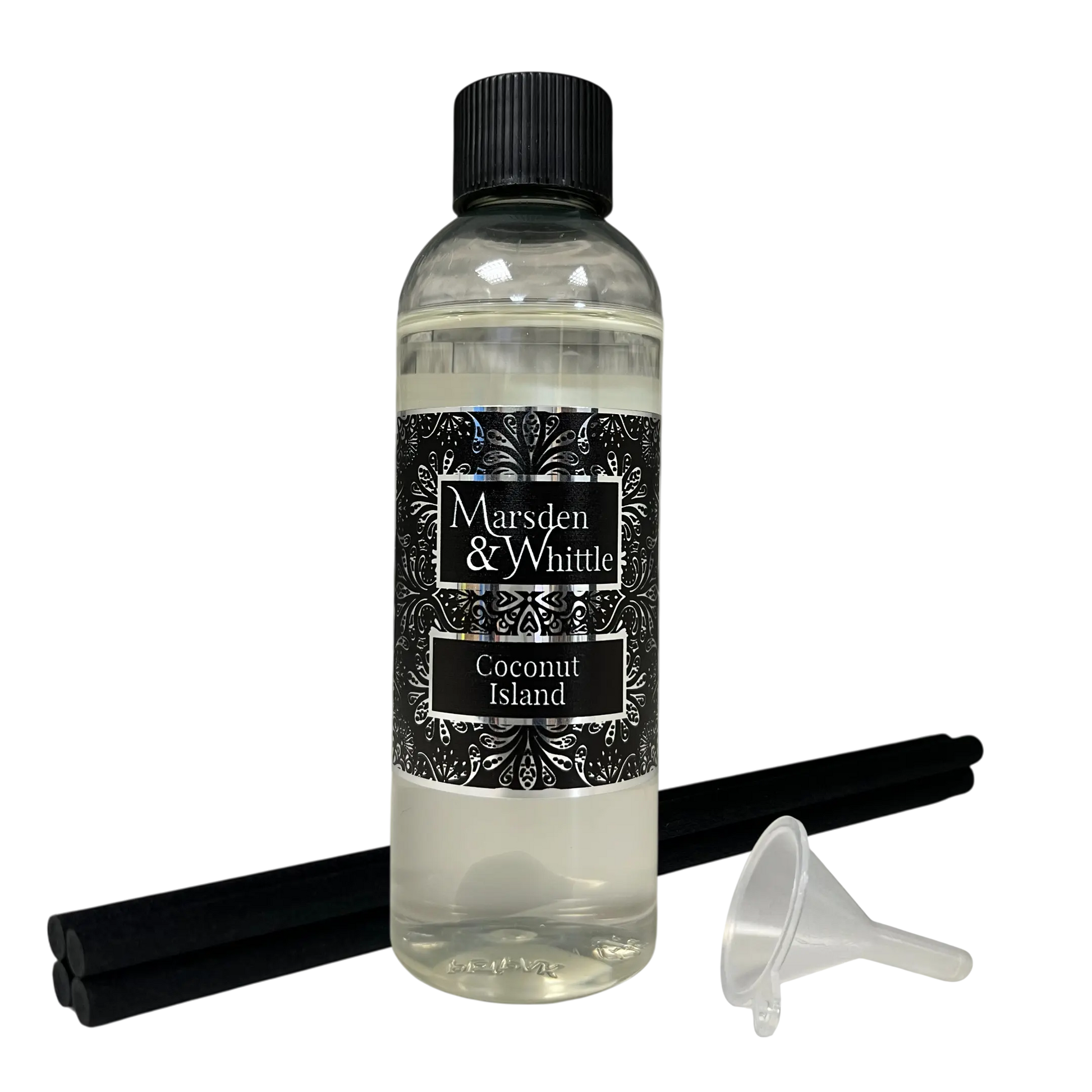 Coconut Island Reed Diffuser Refill with 4 black reeds and a small plastic funnel