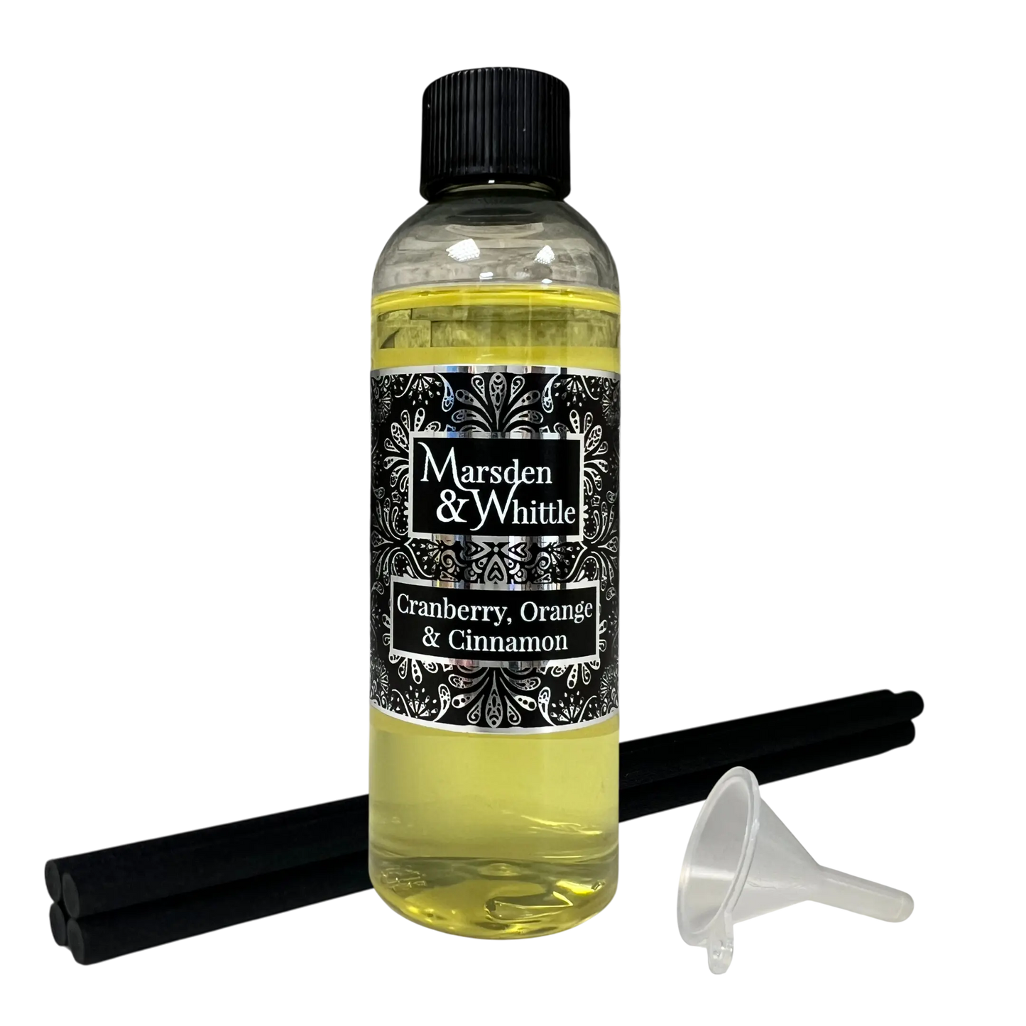 Cranberry, Orange & Cinnamon Reed Diffuser Refill with 4 black reeds and a small plastic funnel