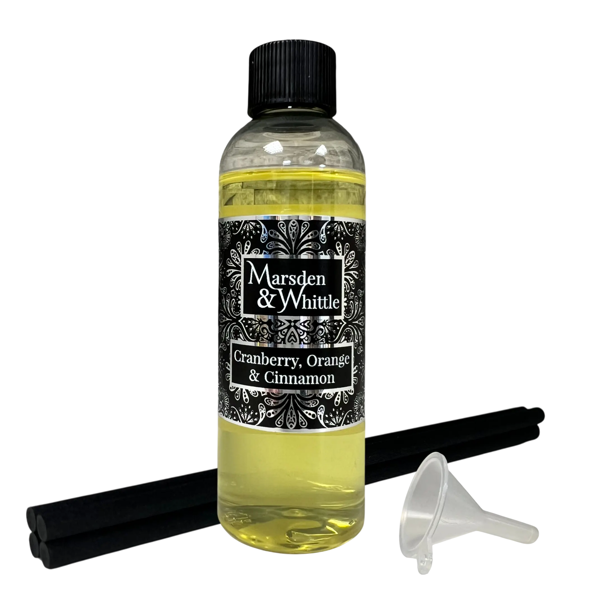 Cranberry, Orange & Cinnamon Reed Diffuser Refill with 4 black reeds and a small plastic funnel