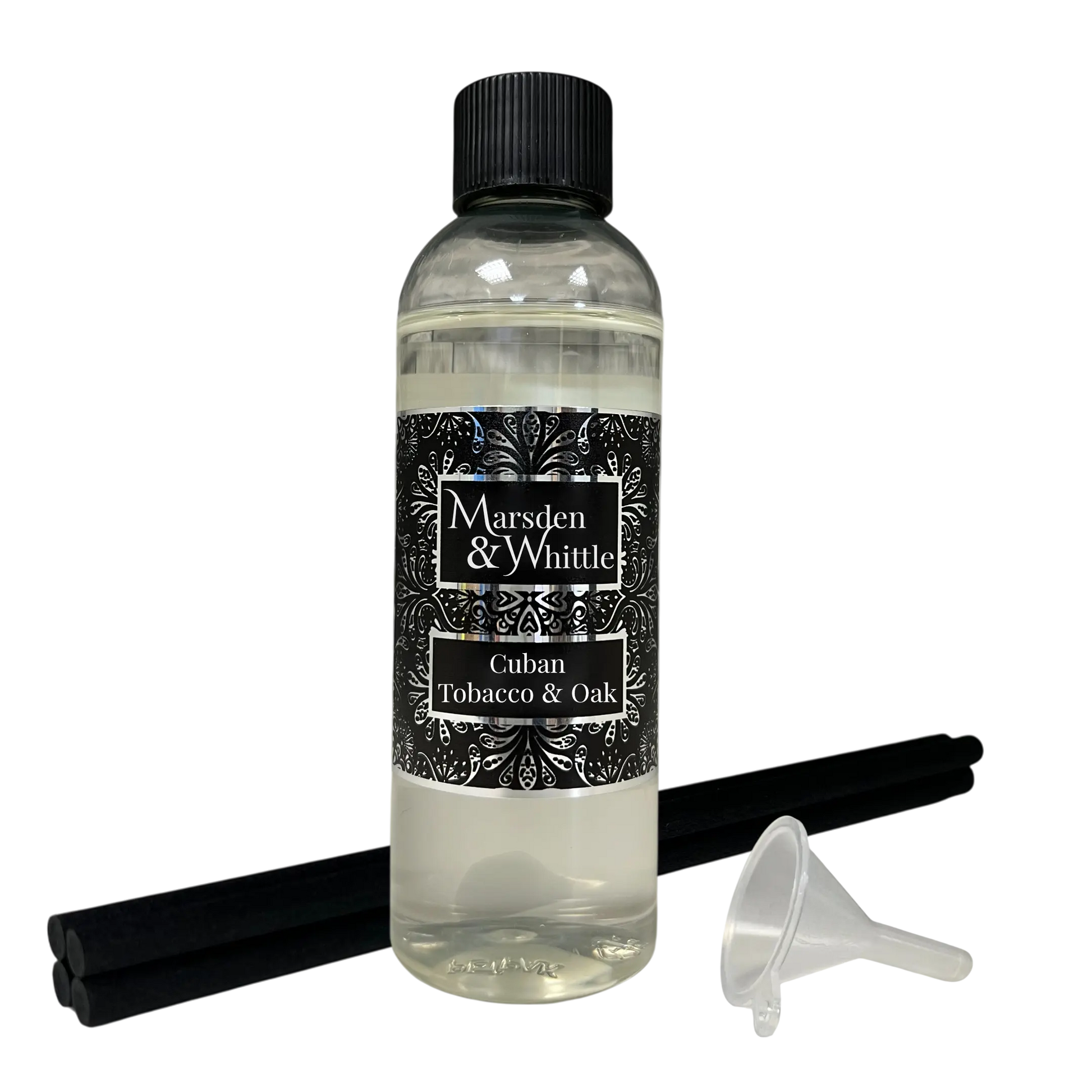 Cuban Tobacco & Oak Reed Diffuser Refill with 4 black fibre reeds and small plastic funnel