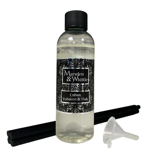 Cuban Tobacco & Oak Reed Diffuser Refill with 4 black fibre reeds and small plastic funnel