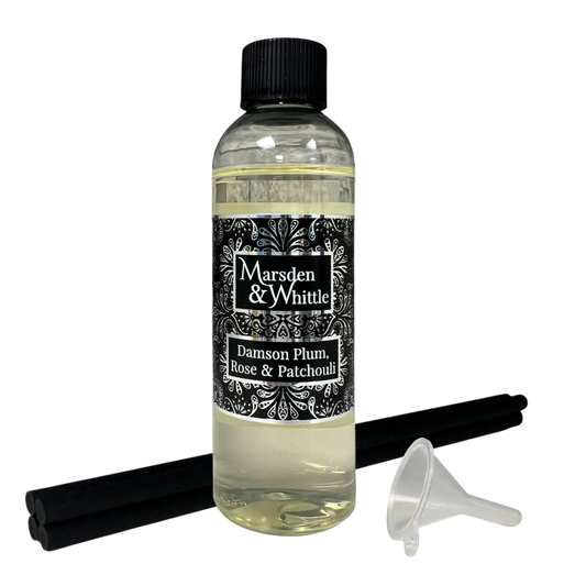 Damson Plum, Rose & Patchouli Reed Diffuser Refill with 4 black fibre reeds and small plastic funnel
