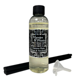 Damson Plum, Rose & Patchouli Reed Diffuser Refill with 4 black fibre reeds and small plastic funnel