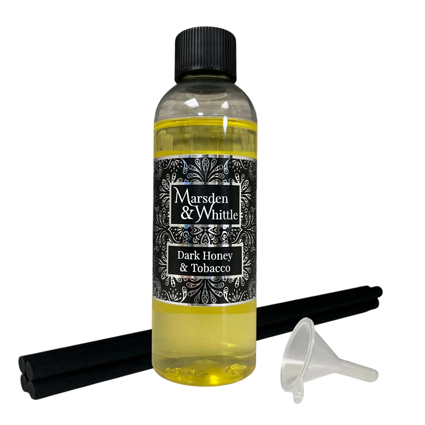 Dark Honey & Tobacco Reed Diffuser Refill With 4 black fibre reeds and small plastic funnel