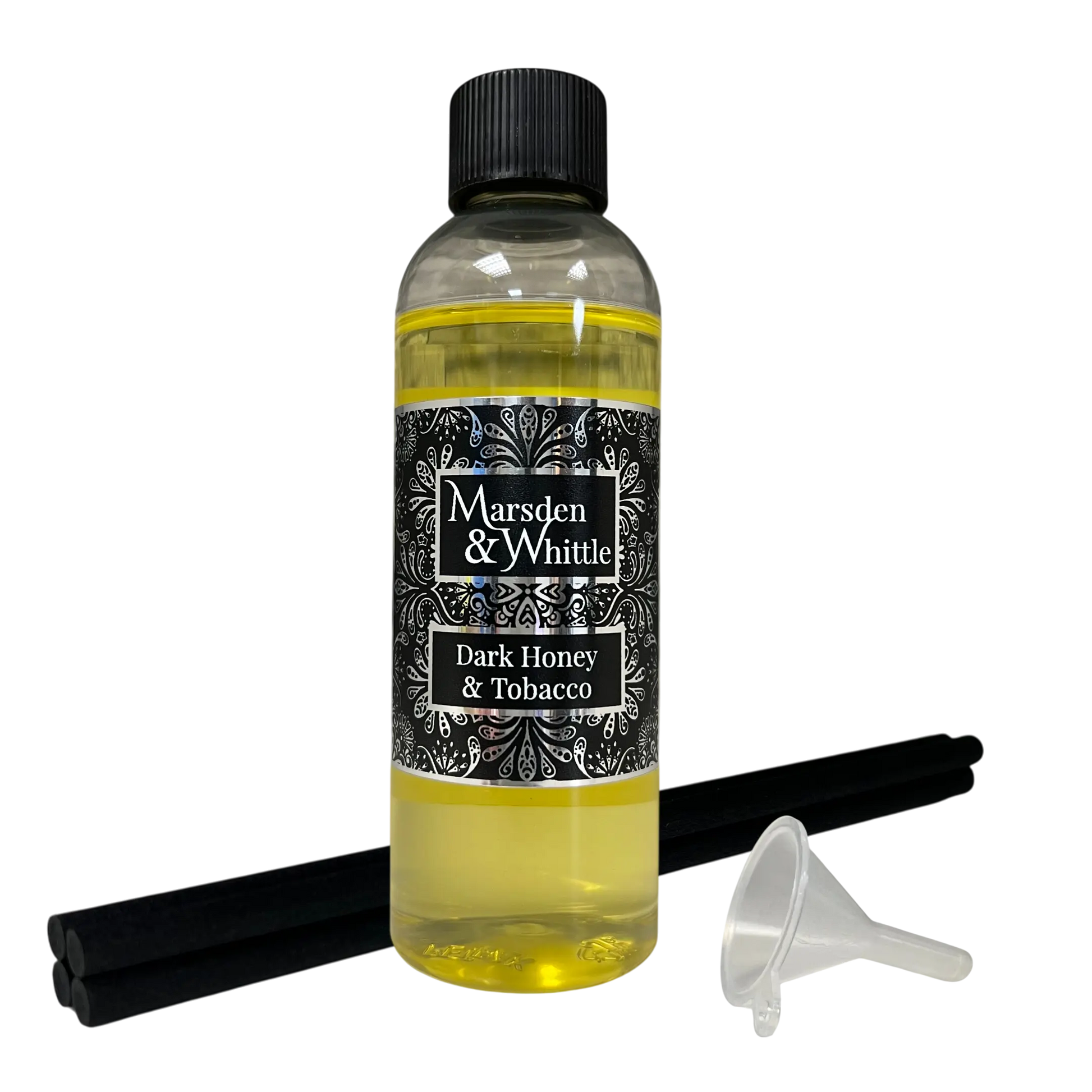 Dark Honey & Tobacco Reed Diffuser Refill With 4 black fibre reeds and small plastic funnel