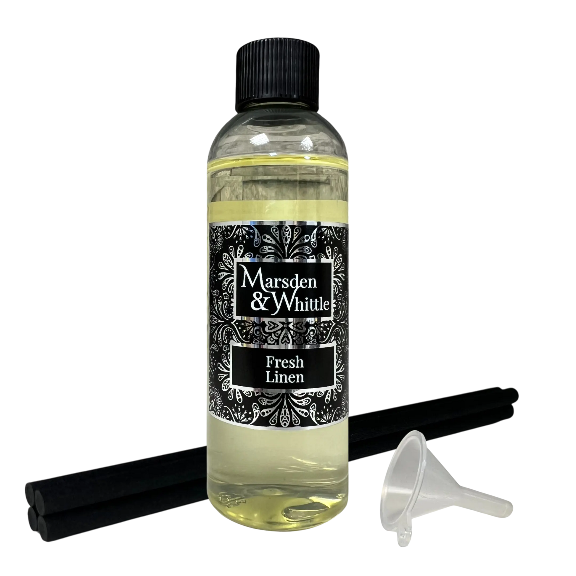 Fresh Linen Reed Diffuser Refill with 4 black fibre reeds and small plastic funnel