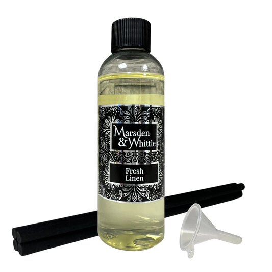 Fresh Linen Reed Diffuser Refill with 4 black fibre reeds and small plastic funnel