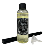 Fresh Linen Reed Diffuser Refill with 4 black fibre reeds and small plastic funnel
