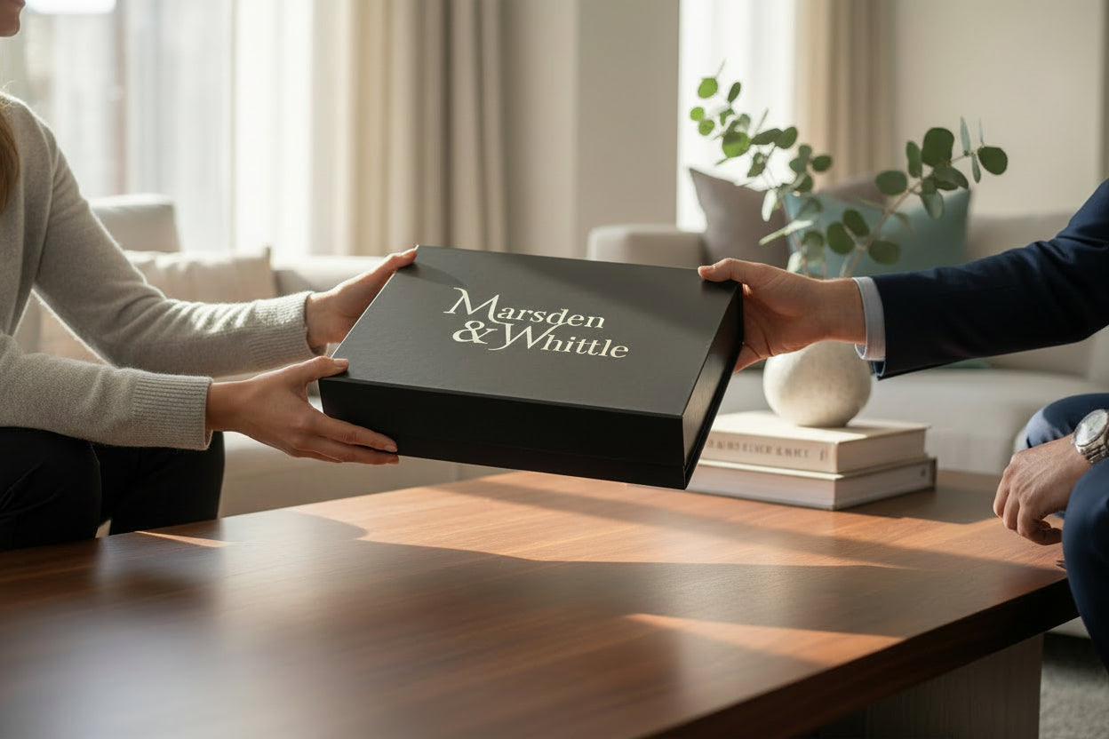 A black Marsden & Whittle Gift Box being exchanged between a man and a woman in a bright, modern living room.