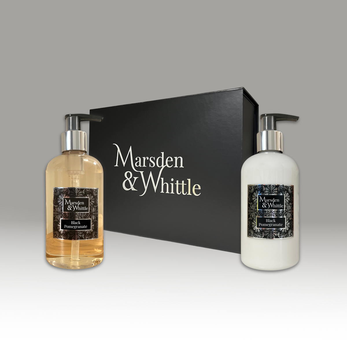 Black Pomegranate Wash and Lotion Gift Set – 300ml Hand & Body Wash and Lotion in a black gift box – Marsden & Whittle