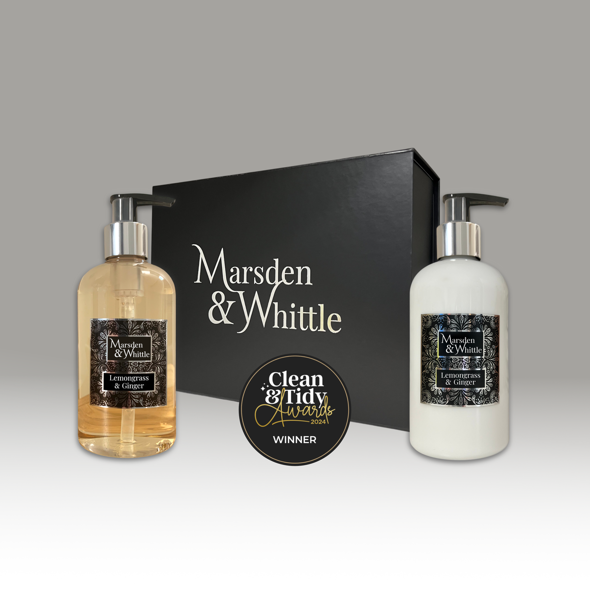 Lemongrass & Ginger Wash and Lotion Gift Set – 300ml Hand & Body Wash and Lotion in a black gift box – Marsden & Whittle
