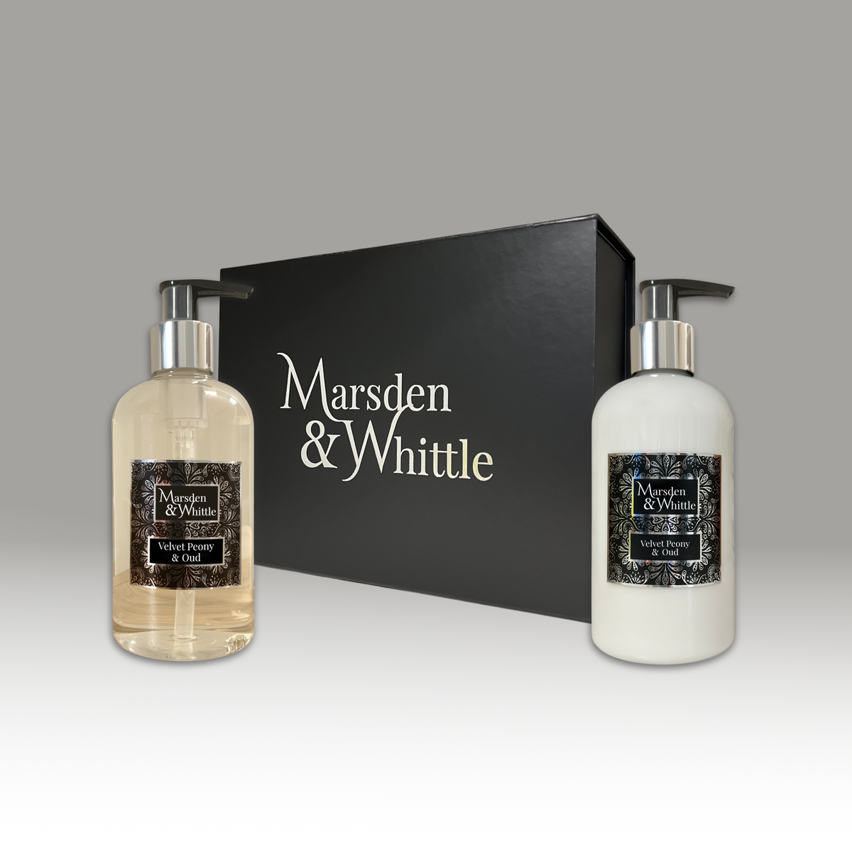Velvet Peony & Oud Wash and Lotion Gift Set – 300ml Hand & Body Wash and Lotion in a black gift box – Marsden & Whittle