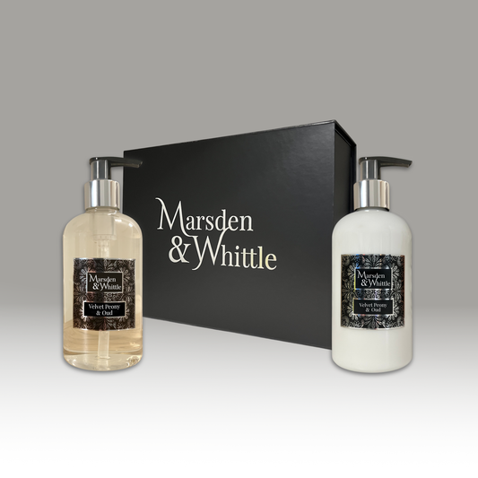 Velvet Peony & Oud Wash and Lotion Gift Set – 300ml Hand & Body Wash and Lotion in a black gift box – Marsden & Whittle