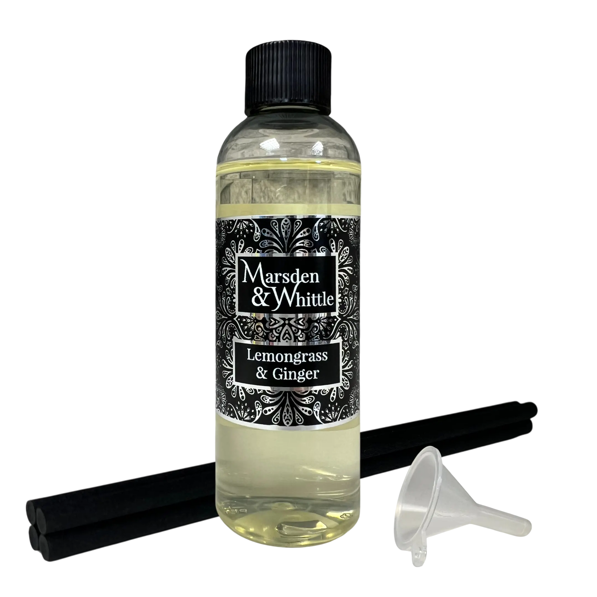 Lemongrass & Ginger Reed Diffuser Refill with 4 black fibre reeds and small plastic funnel